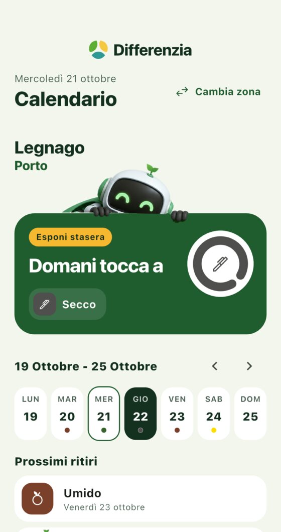 Schermata dell'app Differenzia con il calendario dei ritiri
